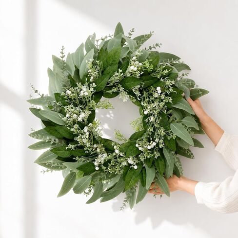 24" Eucalyptus and Babys Breath Wreath for Front Door,Artificial Greenery Summer Wreath for Festival Farmhouse Porch Wall Home Indoor Outdoor Décor in Saudi Arabia