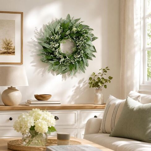 24" Eucalyptus and Babys Breath Wreath for Front Door,Artificial Greenery Summer Wreath for Festival Farmhouse Porch Wall Home Indoor Outdoor Décor in Saudi Arabia