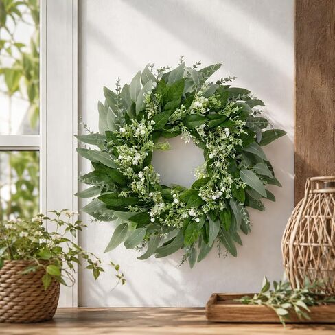 24" Eucalyptus and Babys Breath Wreath for Front Door,Artificial Greenery Summer Wreath for Festival Farmhouse Porch Wall Home Indoor Outdoor Décor in Saudi Arabia
