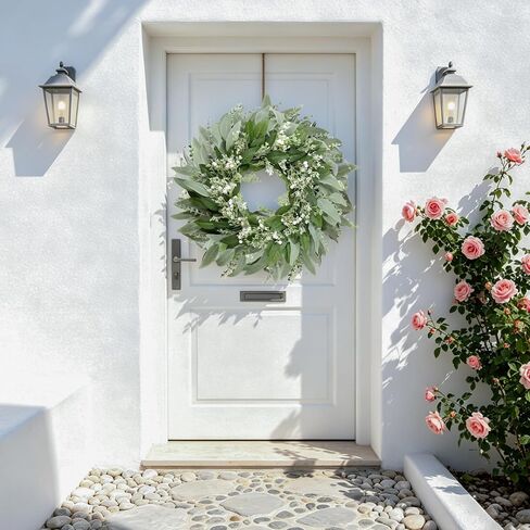 24" Eucalyptus and Babys Breath Wreath for Front Door,Artificial Greenery Summer Wreath for Festival Farmhouse Porch Wall Home Indoor Outdoor Décor in Saudi Arabia