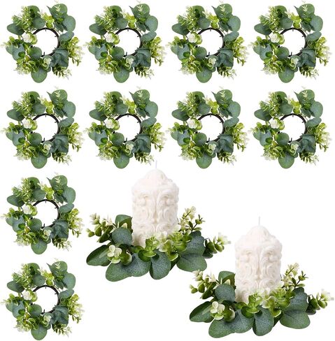 12 Pcs Candle Rings Wreaths Artificial Eucalyptus Garland Greenery Leaves Floral Candle Rings for Pillar Holder Wedding Table Centerpiece Home Decor in Kuwait