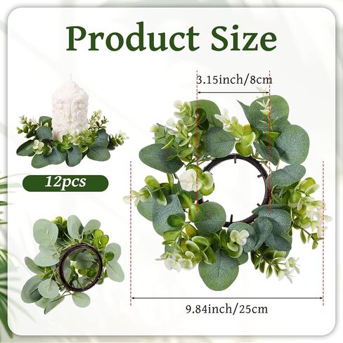 12 Pcs Candle Rings Wreaths Artificial Eucalyptus Garland Greenery Leaves Floral Candle Rings for Pillar Holder Wedding Table Centerpiece Home Decor in Kuwait
