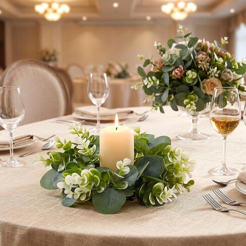 12 Pcs Candle Rings Wreaths Artificial Eucalyptus Garland Greenery Leaves Floral Candle Rings for Pillar Holder Wedding Table Centerpiece Home Decor in Kuwait