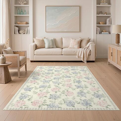 Vintage Floral Garden with Eucalyptus Wreath and Plaid Border Hydrangea Flowing for Living Room, Under Sectional, Family Room, Non-Slip Flatwoven Washable Area Rug(8'x10') in Saudi Arabia