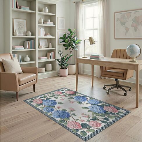 Hydrangea Vintage Floral Garden with Eucalyptus Wreath and Plaid Border Non-Slip Chair-Friendly Washable Area Rug for Dining Room, Large Office, Lounge(8'x10') in Saudi Arabia