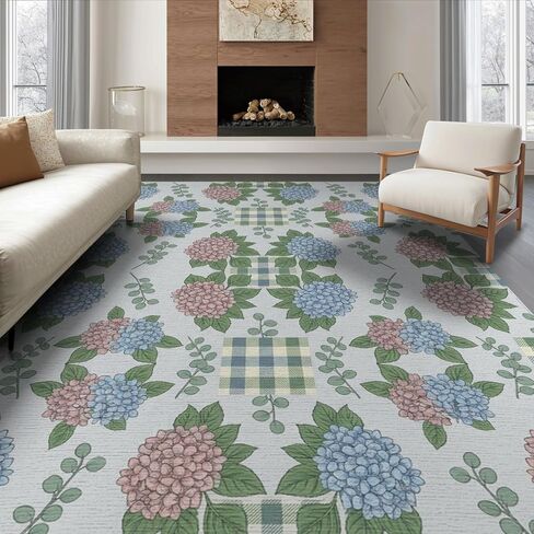 Garden with Eucalyptus Wreath and Plaid Border Hydrangea Vintage Floral Playful Easy Care Kids Safe Washable Area Rug for Small Living Room, Playroom, Bedroom(5'x7') in Saudi Arabia