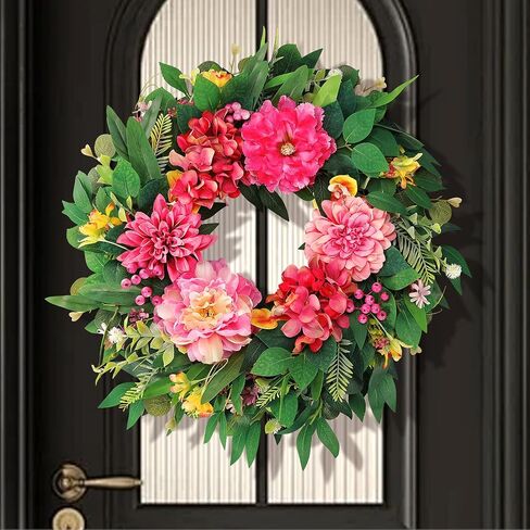 Spring Wreaths for Front Door Outside 24 Inch Spring Door Wreath with Pink Peony, Dahlias & Hydrangea, Handmade Silk Summer Wreaths for Front Door Home Wall Window Proch Seasonal Decor in Saudi Arabia