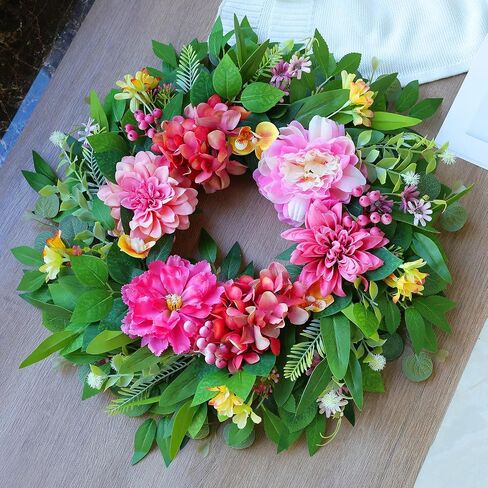 Spring Wreaths for Front Door Outside 24 Inch Spring Door Wreath with Pink Peony, Dahlias & Hydrangea, Handmade Silk Summer Wreaths for Front Door Home Wall Window Proch Seasonal Decor in Saudi Arabia