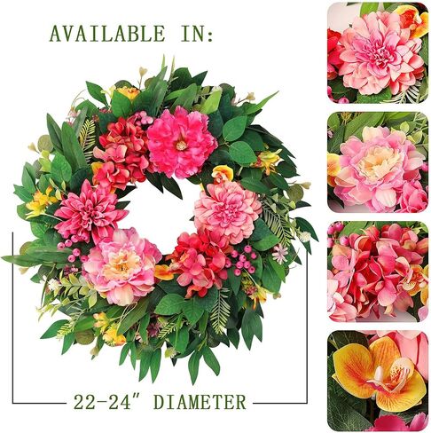 Spring Wreaths for Front Door Outside 24 Inch Spring Door Wreath with Pink Peony, Dahlias & Hydrangea, Handmade Silk Summer Wreaths for Front Door Home Wall Window Proch Seasonal Decor in Saudi Arabia