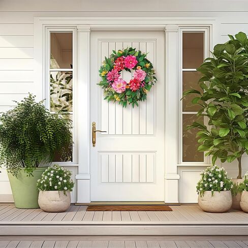 Spring Wreaths for Front Door Outside 24 Inch Spring Door Wreath with Pink Peony, Dahlias & Hydrangea, Handmade Silk Summer Wreaths for Front Door Home Wall Window Proch Seasonal Decor in Saudi Arabia