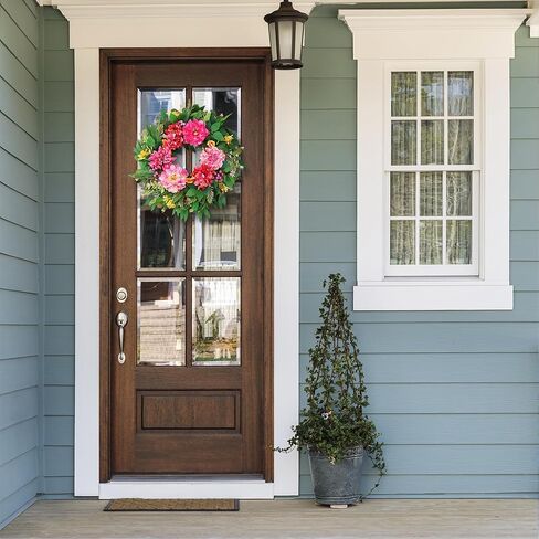 Spring Wreaths for Front Door Outside 24 Inch Spring Door Wreath with Pink Peony, Dahlias & Hydrangea, Handmade Silk Summer Wreaths for Front Door Home Wall Window Proch Seasonal Decor in Saudi Arabia