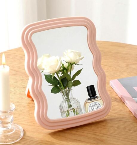 Mirror for Desk, 7.8 X 5.5 Inch Wave Shaped Pink Desk Mirror Office, Portable Folding Mirrors for Travel, Standing or Hanging (Pink) in Kuwait