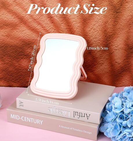 Mirror for Desk, 7.8 X 5.5 Inch Wave Shaped Pink Desk Mirror Office, Portable Folding Mirrors for Travel, Standing or Hanging (Pink) in Kuwait