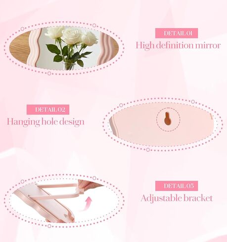 Mirror for Desk, 7.8 X 5.5 Inch Wave Shaped Pink Desk Mirror Office, Portable Folding Mirrors for Travel, Standing or Hanging (Pink) in Kuwait