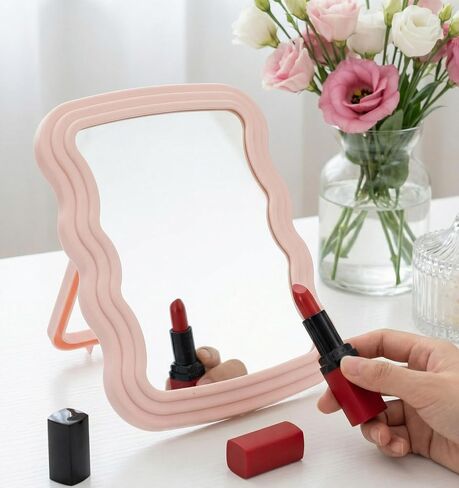 Mirror for Desk, 7.8 X 5.5 Inch Wave Shaped Pink Desk Mirror Office, Portable Folding Mirrors for Travel, Standing or Hanging (Pink) in Kuwait