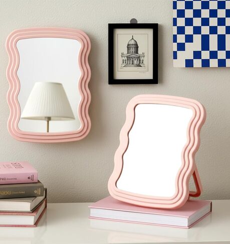 Mirror for Desk, 7.8 X 5.5 Inch Wave Shaped Pink Desk Mirror Office, Portable Folding Mirrors for Travel, Standing or Hanging (Pink) in Kuwait