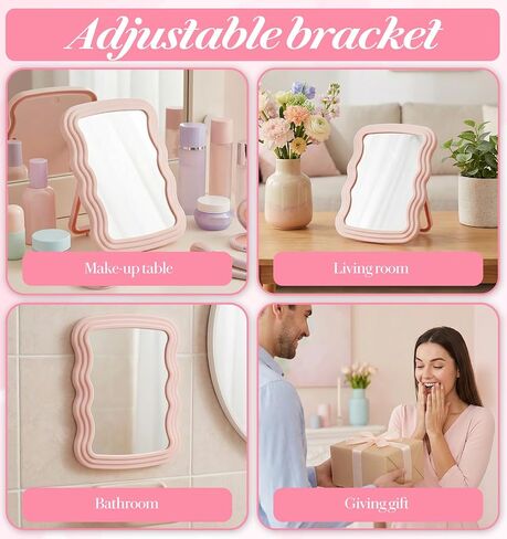 Mirror for Desk, 7.8 X 5.5 Inch Wave Shaped Pink Desk Mirror Office, Portable Folding Mirrors for Travel, Standing or Hanging (Pink) in Kuwait