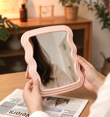 Mirror for Desk, 7.8 X 5.5 Inch Wave Shaped Pink Desk Mirror Office, Portable Folding Mirrors for Travel, Standing or Hanging (Pink) in Kuwait