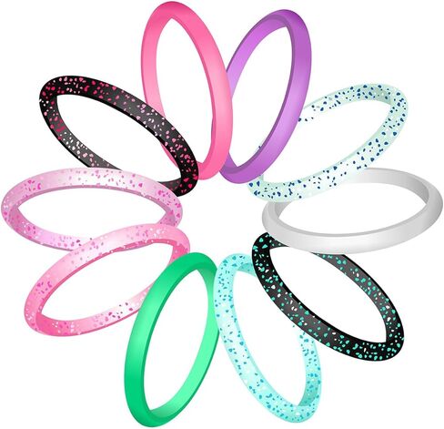 10 Pack Colorful Silicone Rings for Her, 3mm Thin Stackable Rubber Wedding Bands Women Bright Colors Hypoallergenic Pinky Ring Size 4-10 in Saudi Arabia