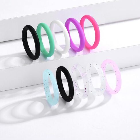 10 Pack Colorful Silicone Rings for Her, 3mm Thin Stackable Rubber Wedding Bands Women Bright Colors Hypoallergenic Pinky Ring Size 4-10 in Saudi Arabia