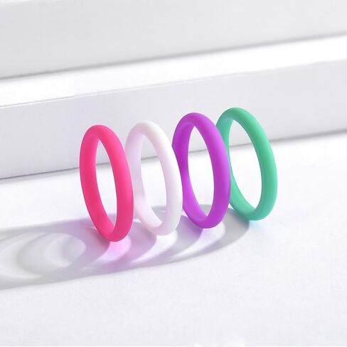 10 Pack Colorful Silicone Rings for Her, 3mm Thin Stackable Rubber Wedding Bands Women Bright Colors Hypoallergenic Pinky Ring Size 4-10 in Saudi Arabia