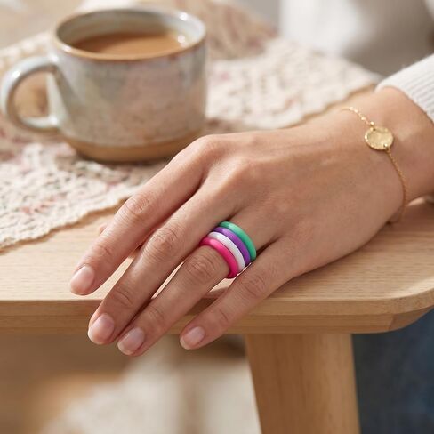 10 Pack Colorful Silicone Rings for Her, 3mm Thin Stackable Rubber Wedding Bands Women Bright Colors Hypoallergenic Pinky Ring Size 4-10 in Saudi Arabia