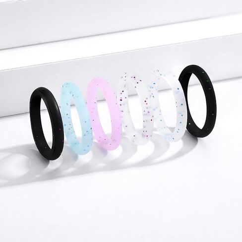 10 Pack Colorful Silicone Rings for Her, 3mm Thin Stackable Rubber Wedding Bands Women Bright Colors Hypoallergenic Pinky Ring Size 4-10 in Saudi Arabia