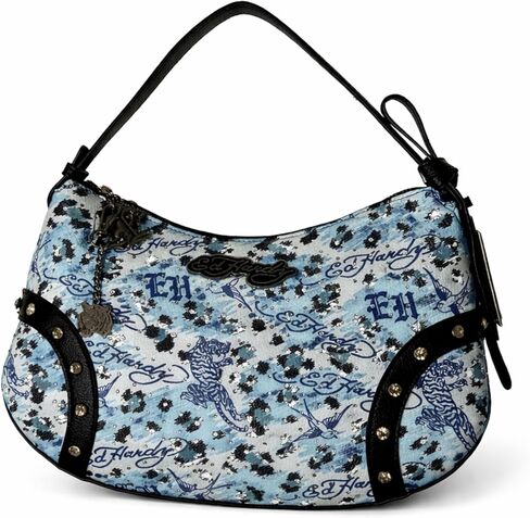 ED HARDY Women’s Printed Shoulder Bag, Tattoo Graphic Handbag with Studded Accents and Top Handle Purse, 12 x 8 Inches (Blue Ink Rebel) in Saudi Arabia