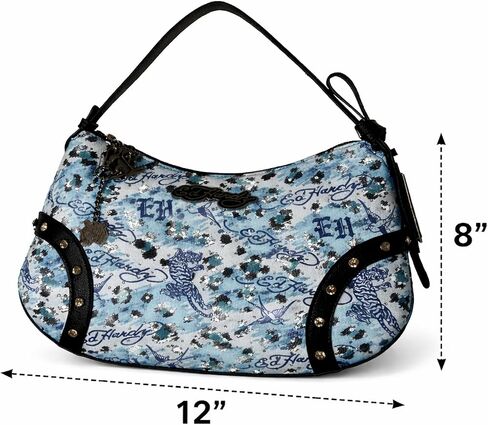 ED HARDY Women’s Printed Shoulder Bag, Tattoo Graphic Handbag with Studded Accents and Top Handle Purse, 12 x 8 Inches (Blue Ink Rebel) in Saudi Arabia