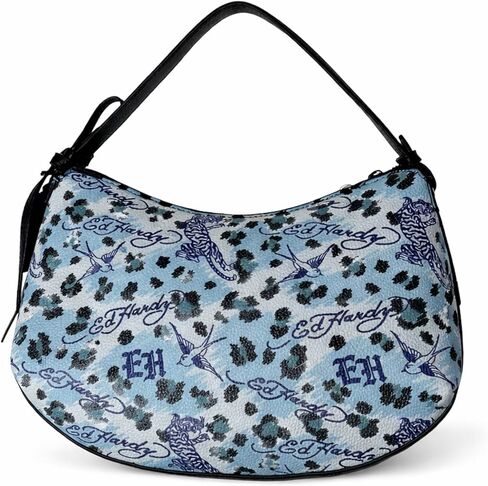 ED HARDY Women’s Printed Shoulder Bag, Tattoo Graphic Handbag with Studded Accents and Top Handle Purse, 12 x 8 Inches (Blue Ink Rebel) in Saudi Arabia