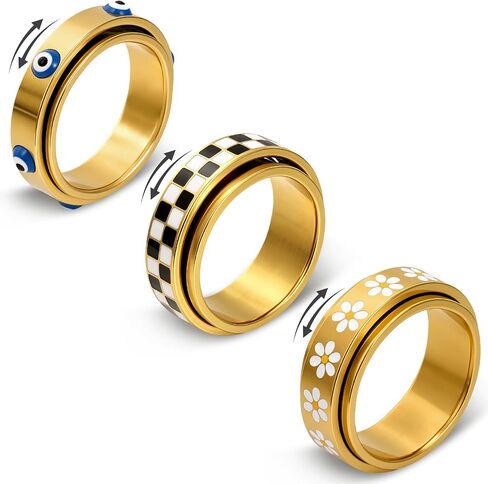 JATEBI Fidget Rings for Anxiety Relief - 18K Gold Plated Cool Spinner Ring Daisy Chessboard Evil Eye Stress Relieveing Rings Set for Women Men in Kuwait