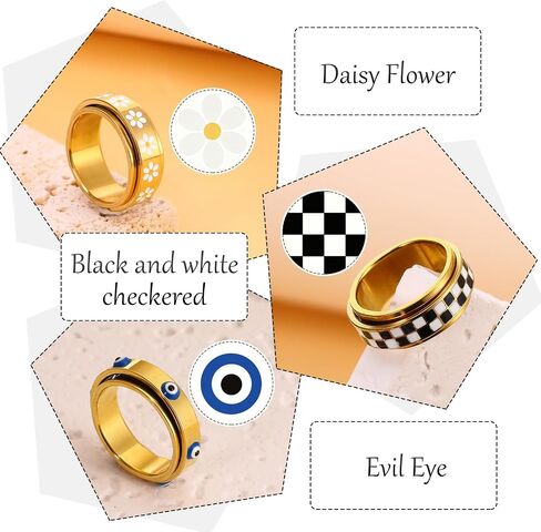 JATEBI Fidget Rings for Anxiety Relief - 18K Gold Plated Cool Spinner Ring Daisy Chessboard Evil Eye Stress Relieveing Rings Set for Women Men in Kuwait