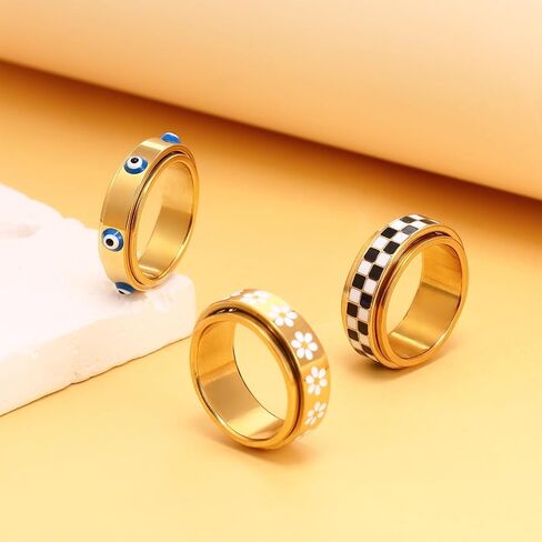 JATEBI Fidget Rings for Anxiety Relief - 18K Gold Plated Cool Spinner Ring Daisy Chessboard Evil Eye Stress Relieveing Rings Set for Women Men in Kuwait