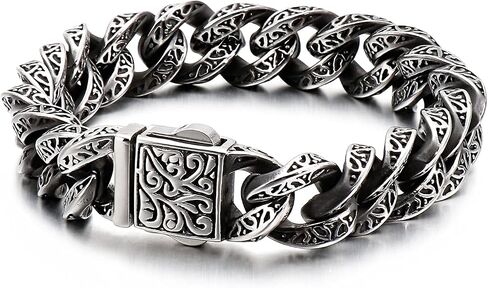 316 Stainless Steel Engraved Cuban Link Bracelet for Men, Retro Pattern Chain Punk Hip Hop Style Jewelry for Him in Saudi Arabia