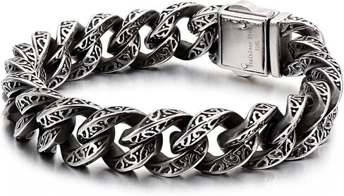 316 Stainless Steel Engraved Cuban Link Bracelet for Men, Retro Pattern Chain Punk Hip Hop Style Jewelry for Him in Saudi Arabia