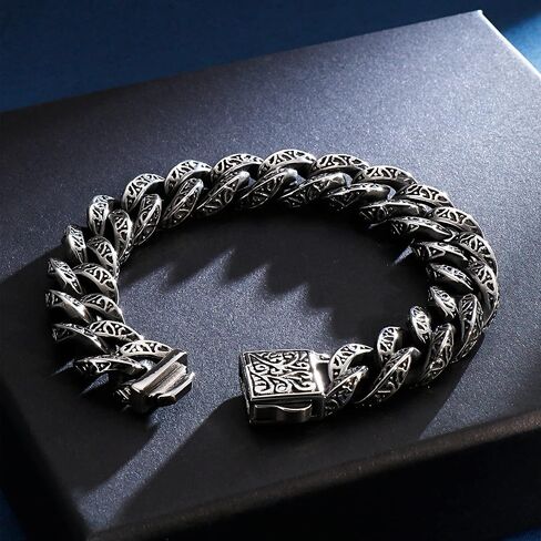 316 Stainless Steel Engraved Cuban Link Bracelet for Men, Retro Pattern Chain Punk Hip Hop Style Jewelry for Him in Saudi Arabia