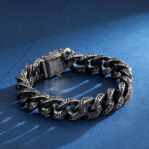 316 Stainless Steel Engraved Cuban Link Bracelet for Men, Retro Pattern Chain Punk Hip Hop Style Jewelry for Him in Saudi Arabia