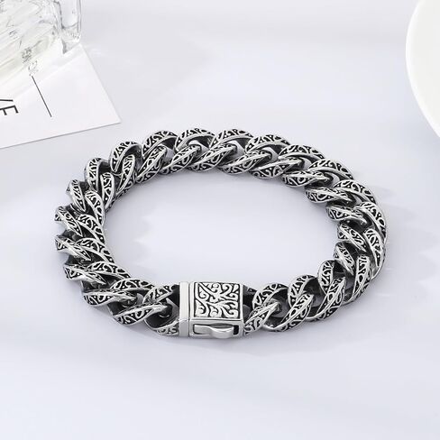 316 Stainless Steel Engraved Cuban Link Bracelet for Men, Retro Pattern Chain Punk Hip Hop Style Jewelry for Him in Saudi Arabia