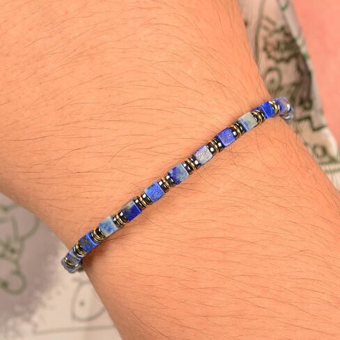 Handmade Lapis Lazuli Hematite Mens Bracelet, Stainless Steel Dual-Clasp, Adjustable 6.89-8.8 Inch, Spiritual Chakra Symbolism, Birthday Holiday Gift for Dad Husband Boyfriend in Saudi Arabia