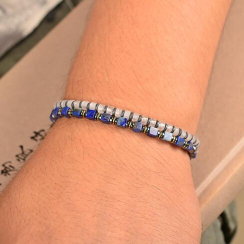 Handmade Lapis Lazuli Hematite Mens Bracelet, Stainless Steel Dual-Clasp, Adjustable 6.89-8.8 Inch, Spiritual Chakra Symbolism, Birthday Holiday Gift for Dad Husband Boyfriend in Saudi Arabia