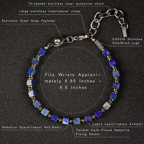 Handmade Lapis Lazuli Hematite Mens Bracelet, Stainless Steel Dual-Clasp, Adjustable 6.89-8.8 Inch, Spiritual Chakra Symbolism, Birthday Holiday Gift for Dad Husband Boyfriend in Saudi Arabia