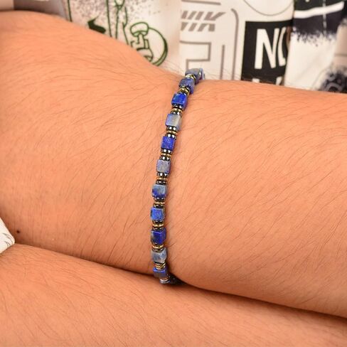 Handmade Lapis Lazuli Hematite Mens Bracelet, Stainless Steel Dual-Clasp, Adjustable 6.89-8.8 Inch, Spiritual Chakra Symbolism, Birthday Holiday Gift for Dad Husband Boyfriend in Saudi Arabia