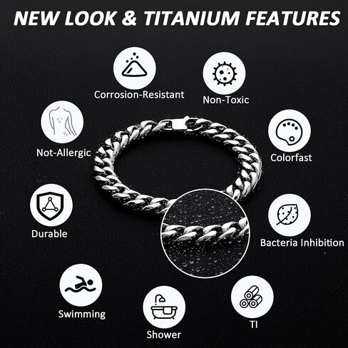 SanThree 10.5MM Pure Titanium Cuban Link Curb Chain Bracelet for Men Him, Diamond Cut Miami Hip Hop Link Bracelets Jewelry Gifts for Grandfather Dad Son Boyfriend, 8.46" in Saudi Arabia