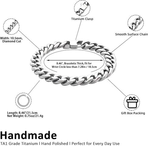 SanThree 10.5MM Pure Titanium Cuban Link Curb Chain Bracelet for Men Him, Diamond Cut Miami Hip Hop Link Bracelets Jewelry Gifts for Grandfather Dad Son Boyfriend, 8.46" in Saudi Arabia