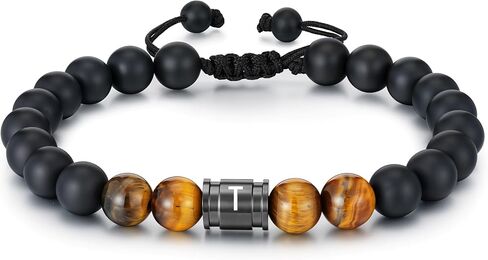Apsvo Tiger Eye Beaded Bracelets for Men, 8MM Natural Black Onyx Stone Beads Initials Bracelet Braided Rope Meaningful Bracelets Birthday Jewelry Gifts for Men Him in Saudi Arabia