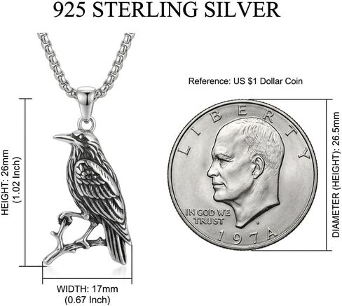 Raven Necklace for Men Women 925 Sterling Silver Oxidized Crown Bird Pendant Nordic Viking Gothic JewelryProtection Amulet Gift for Husband Wife Dad Mom, w/Stainless Steel Chain 22''+2'' in Kuwait