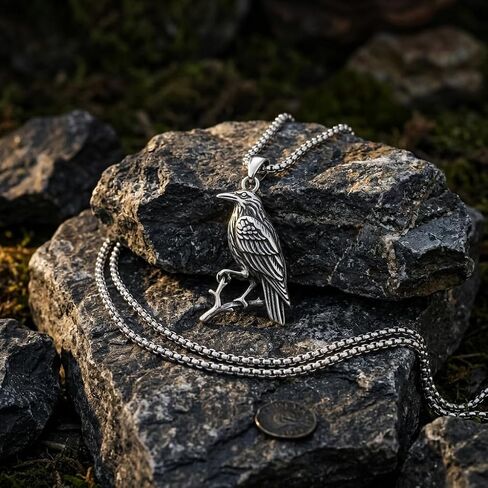 Raven Necklace for Men Women 925 Sterling Silver Oxidized Crown Bird Pendant Nordic Viking Gothic JewelryProtection Amulet Gift for Husband Wife Dad Mom, w/Stainless Steel Chain 22''+2'' in Kuwait
