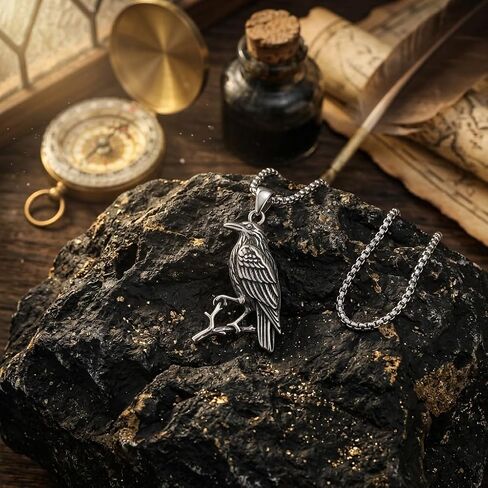 Raven Necklace for Men Women 925 Sterling Silver Oxidized Crown Bird Pendant Nordic Viking Gothic JewelryProtection Amulet Gift for Husband Wife Dad Mom, w/Stainless Steel Chain 22''+2'' in Kuwait