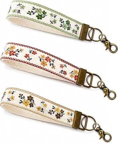 3 PCS Embroidered Boho Keychain Wristlet, Cute Floral Key Chains Lanyard for Women in Saudi Arabia