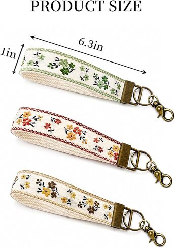3 PCS Embroidered Boho Keychain Wristlet, Cute Floral Key Chains Lanyard for Women in Saudi Arabia